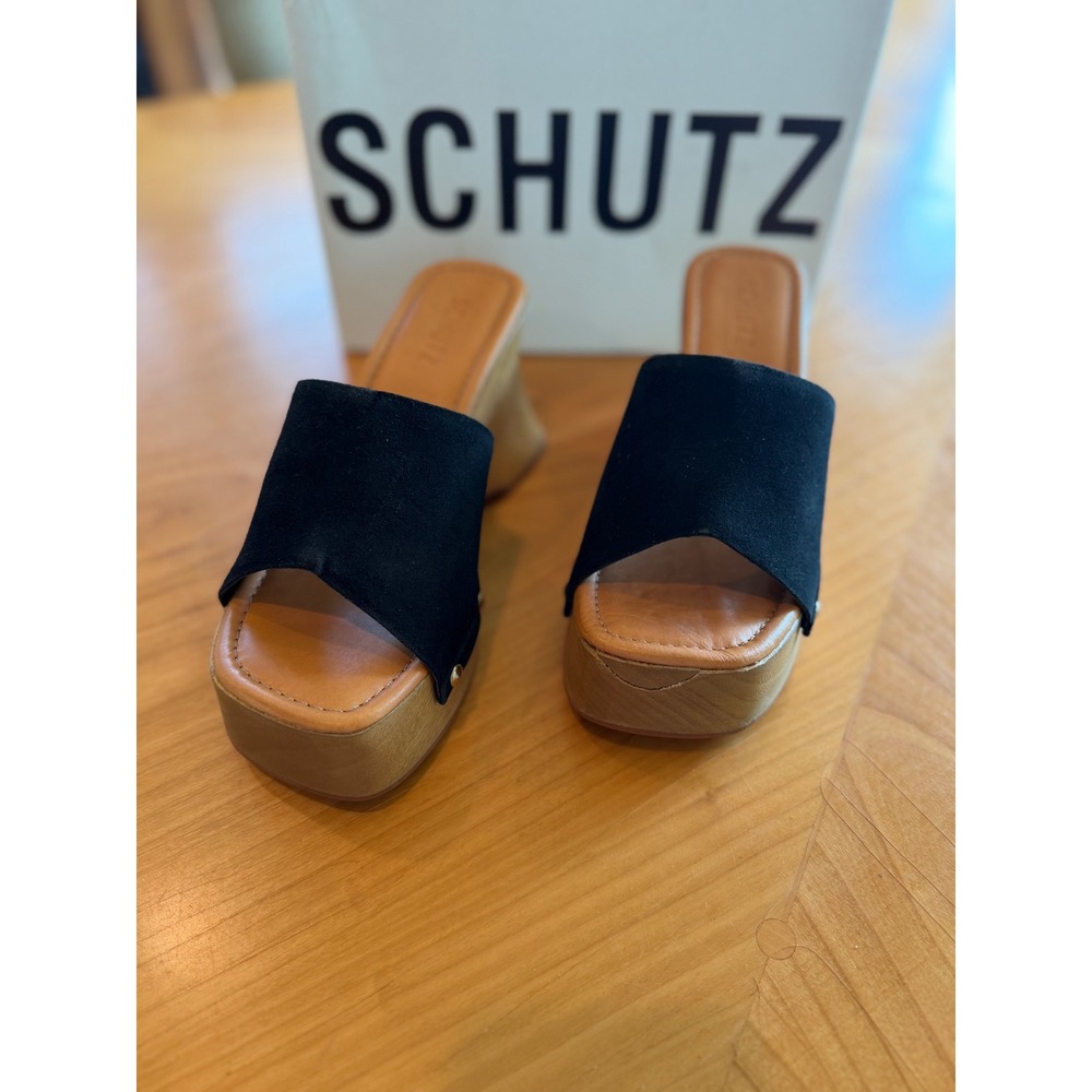 Schutz Lanneh Black Suede Wood Platform Wedge Sandals Mules  Size 8B